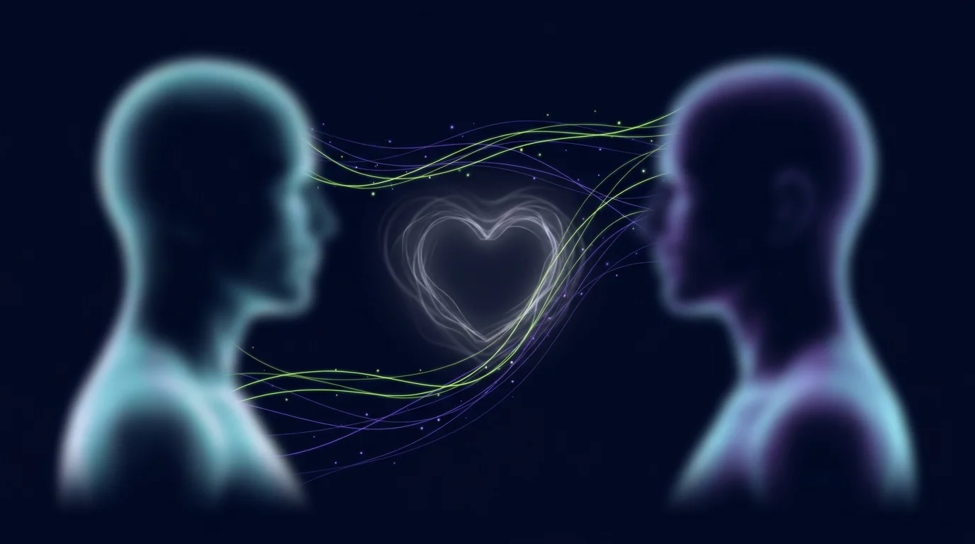 Two glowing figures facing each other across a bridge of light, representing ADHD and relationships.
