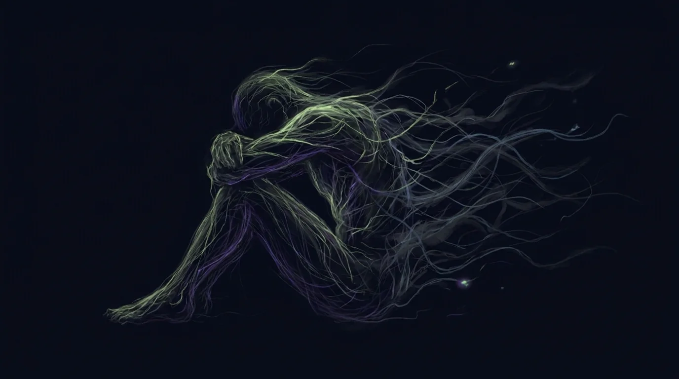 A figure dimming like a spent bulb beneath a still-bright mask, representing ADHD burnout from invisible compensating.