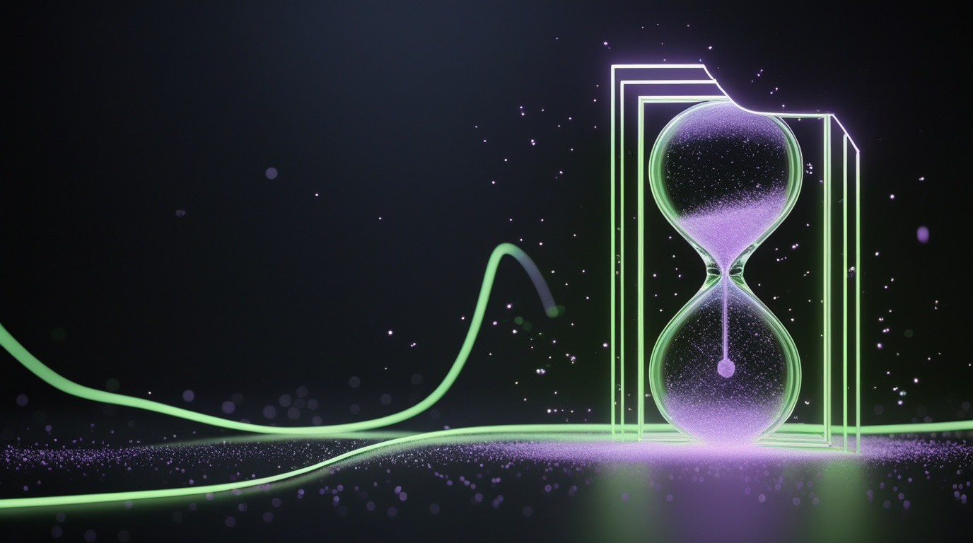 An abstract glowing clock face frozen mid-tick beside a single bright waypoint of light, representing one appointment holding an entire day hostage.
