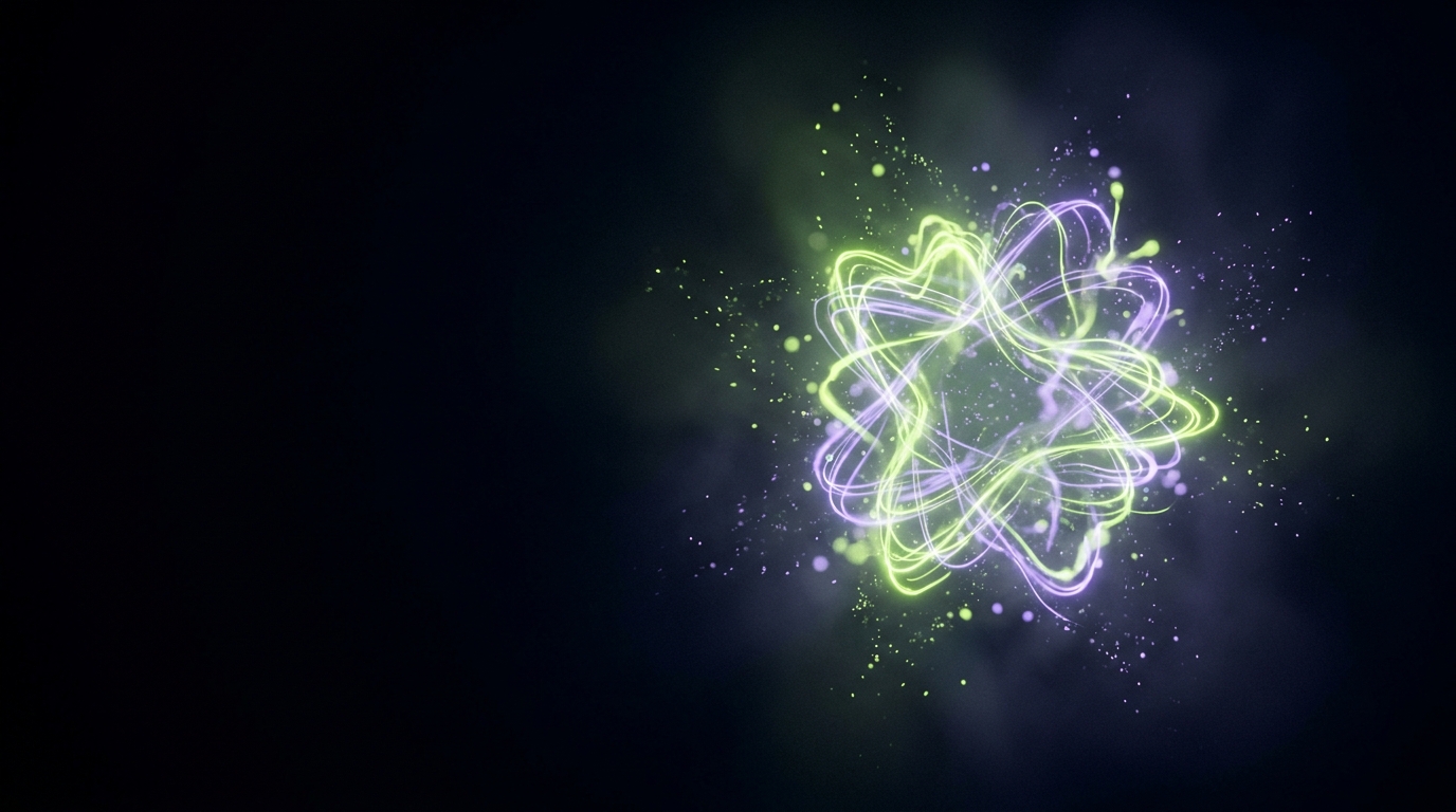 A glowing dopamine molecule of lime and violet light, representing the ADHD brain's reward system.
