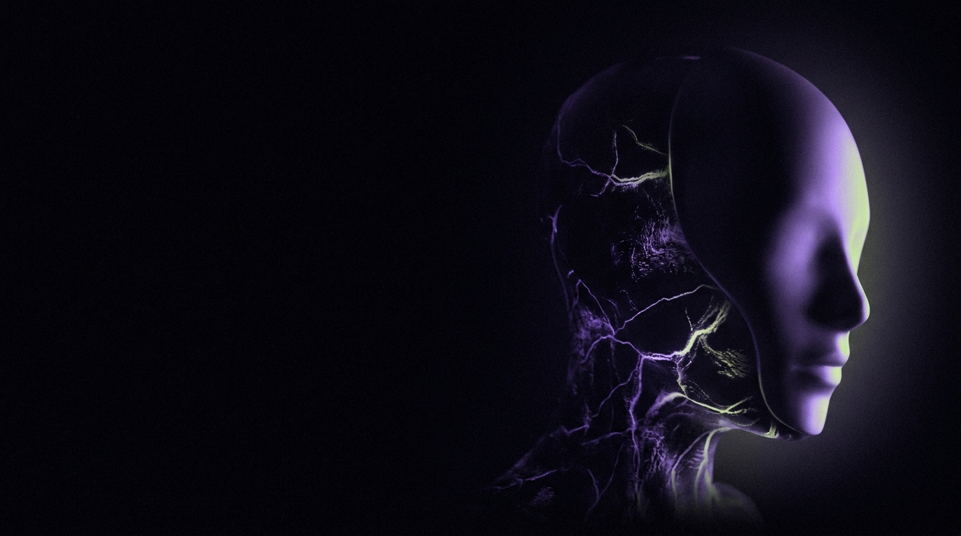 A serene face with a fractured glow beneath the surface, representing ADHD masking.