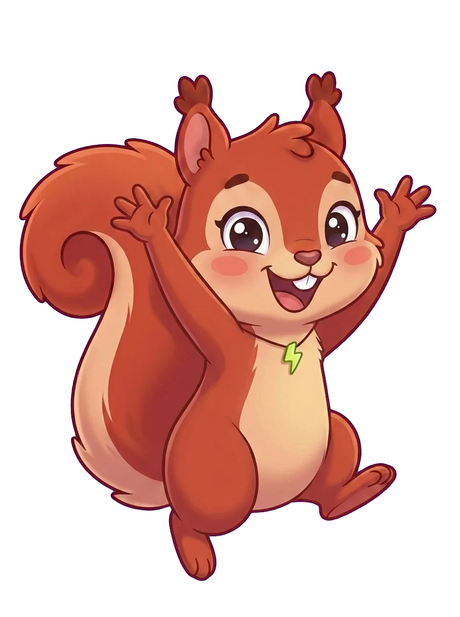 Viva, a cartoon squirrel mascot with a lightning-bolt necklace, smiling.